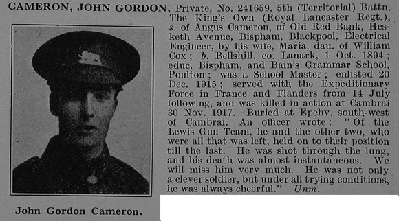 Cameron J G Pte 241659 5th Kings Own Royal Lancaster Regiment Obit