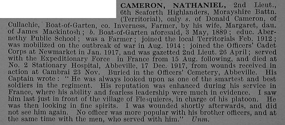 Cameron N 2nd Lt 6th Seaforth Highlanders Obit