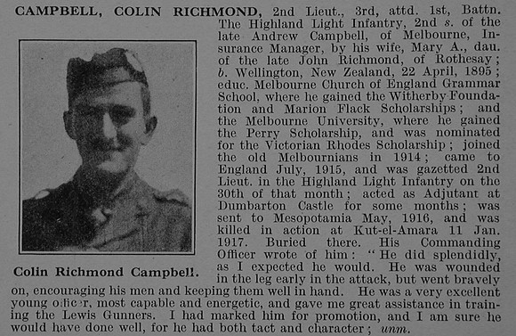 Campbell C R 2nd Lt 3rd Attd 1st Highland Light Infantry Obit