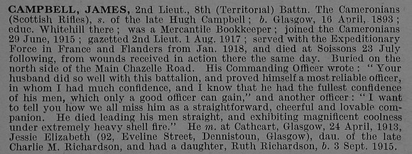 Campbell J 2nd Lt 8th Cameronians Obit