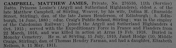 Campbell M J Pte 276536 11th Argyll & Sutherland Highlanders Obit