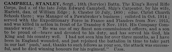 Campbell S Sergt C838 16th Kings Royal Rifle Corps Obit