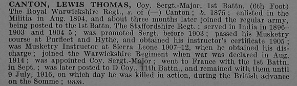 Canton L T Coy Sergt Major 11825 1st Attd 11th Royal Warwickshire Regiment Obit