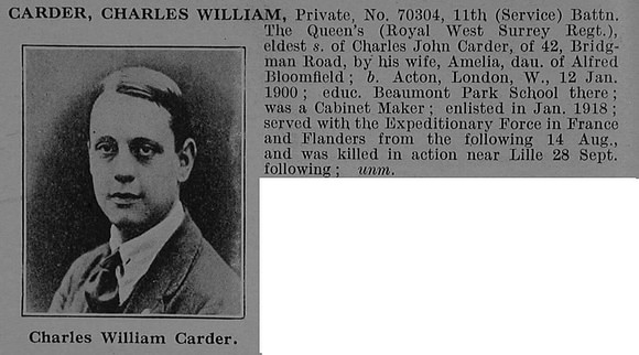 Carder C W Pte 70304 11th Queens Royal West Surrey Regiment Obit