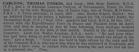 Carlyon T T 2nd Lt Royal Garrison Artillery Obit