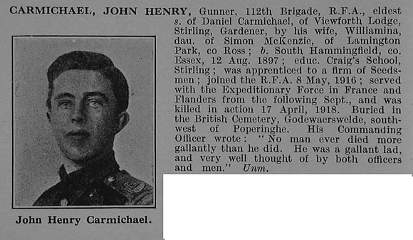 Carmichael J H Gnr Royal Field Artillery Obit
