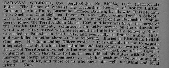 Carman W Coy Sergt Maj 240083 5th Devonshire Regiment Obit