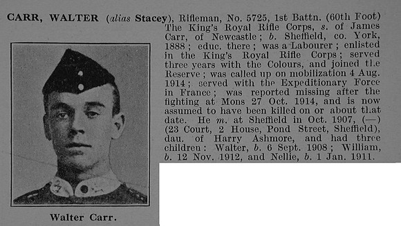 Carr W Rfn 5725 1st Kings Royal Rifle Corps Obit