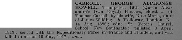 Carroll G A H Trumpeter 10042 19th Hussars Obit