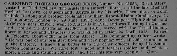 Carsberg R G J Gnr 21056 Australian Field Artillery Obit