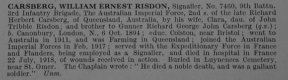 Carsberg W E R Sig 7460 9th Australian Infantry Obit