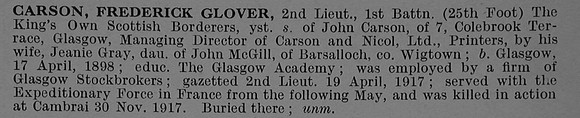 Carson F G 2nd Lt 1st Kings Own Scottish Borderers Obit