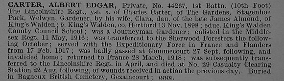 Carter A E Pte 44267 1st Lincolnshire Regiment Obit