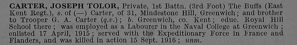 Carter J T Pte G6136 1st East Kent Regiment Obit