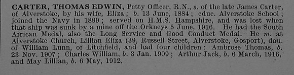 Carter T E Petty Officer 195915 H.M.S. Hampshire Royal Navy Obit