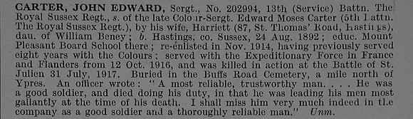 Carter J E Sergt 202994 13th Royal Sussex Regiment Obit