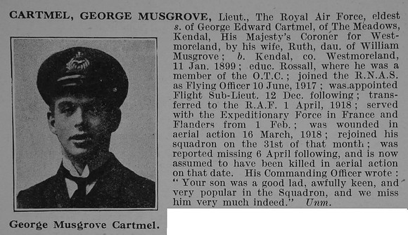 Cartmel G M Lt Royal Flying Corps Obit