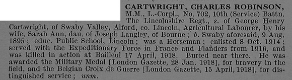 Cartwright C R L/Cpl MM 702 10th Lincolnshire Regiment Obit
