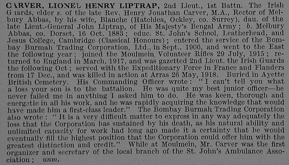 Carver L H L 2nd Lt 1st Irish Guards Obit