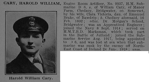 Cary H W Engine Room Artificer 3rd Class M9937 H.M. Sub. D6 Royal Navy Obit