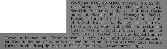 Cashmore J Pte 22531 1st Kings Own Scottish Borderers Obit