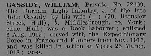 Cassidy W Pte 52609 22nd Durham Light Infantry Obit