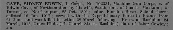 Cave S E L/Cpl 102331 Machine Gun Corps Obit