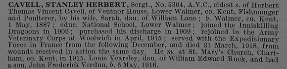Cavell S H Sergt 5304 Army Veterinary Corps Obit