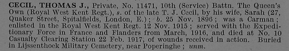 Cecil T J Pte 11471 10th Queens Own Royal West Kent Regiment Obit