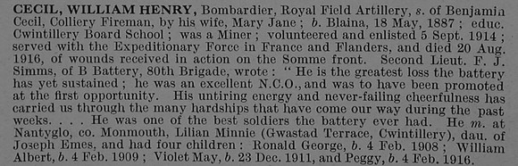 Cecil W H Bmdr Royal Field Artillery Obit