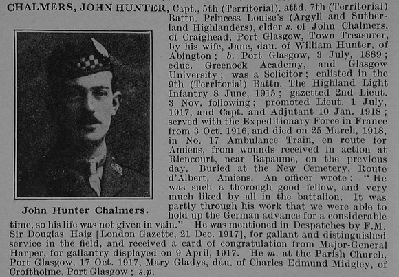 Chalmers J H Captain 5th Attd 7th Argyll & Sutherland Highlanders Obit