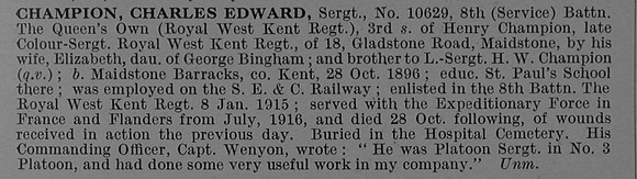 Champion C E Sergt 10629 8th Queens Own Royal West Kent Regiment Obit