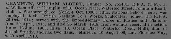 Champlin W A Gnr 755431 Royal Field Artillery Obit