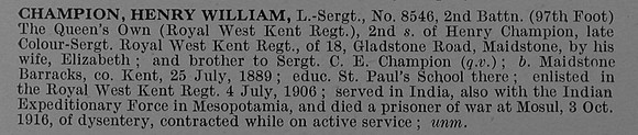 Champion H W L/Sergt 8546 2nd Queens Own Royal West Kent Regiment Obit