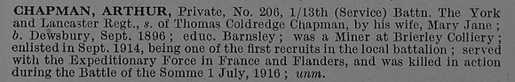 Chapman A Pte 206 13th York & Lancs Regiment Obit