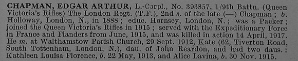 Chapman E A L/Cpl 393857 9th London Regiment Obit