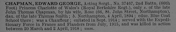 Chapman E G Acting Sergt 37467 2nd Royal Berkshire Regiment Obit