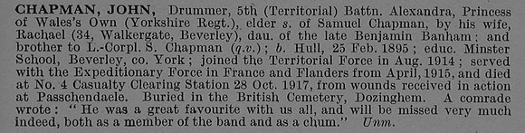 Chapman J Drummer 240402 5th Yorkshire Regiment Obit