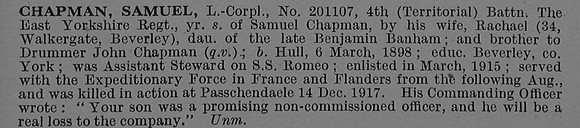 Chapman S L/Cpl 201107 4th East Yorkshire Regiment Obit