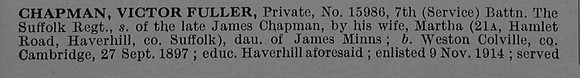 Chapman V F Pte 15986 7th Suffolk Regiment Obituary Part 1