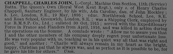 Chappell C J L/Cpl G10537 11th Queen's Own (Royal West Kent Regiment) Obit