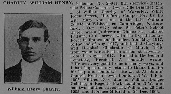 Charity W H Rfn 20941 9th Rifle Brigade Obit