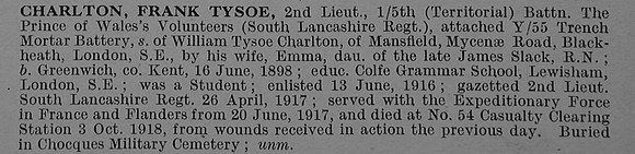 Charlton F T 2nd Lt 5th South Lancashire Regiment Obit