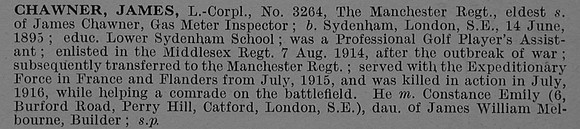 Chawner J L/Cpl 3264 12th Middlesex Regiment Attd To Manchester Regiment Obit