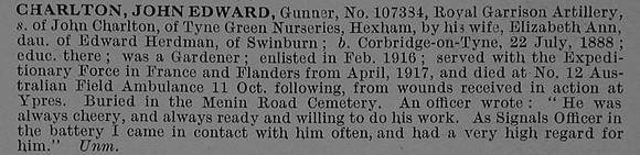 Charlton J E Gnr 107384 Royal Garrison Artillery Obit