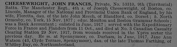 Cheesewright J F Pte 53310 9th Manchester Regiment Obit
