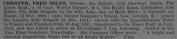 Chester F M Pte 205593 11th Essex Regiment Obit