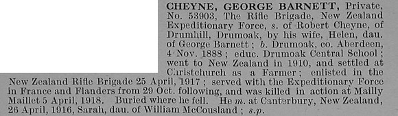 Cheyne G B Pte 53903 New Zealand Rifle Brigade Obit