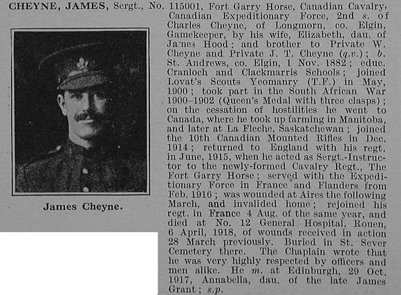 Cheyne J Sergt 115001 Fort Garry Horse Canadian Cavalry Obit