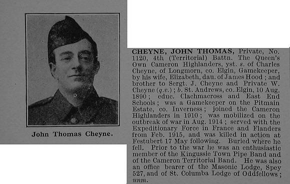Cheyne J T Pte 1120 4th Cameron Highlanders Obit